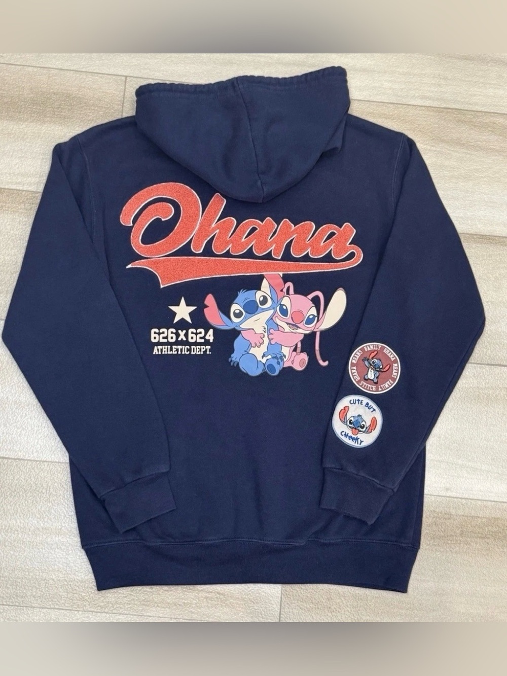 Disney Stitch Angel Ohana Blue Pullover Hoodie Size XS Chenille Graphic Patches